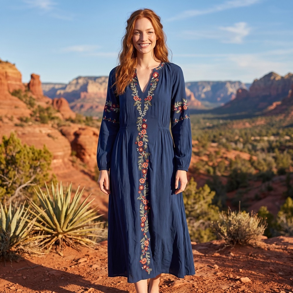 Hinge Embroidered Maxi Dress Womens XS Navy Blue Boho Peasant Cottagecore